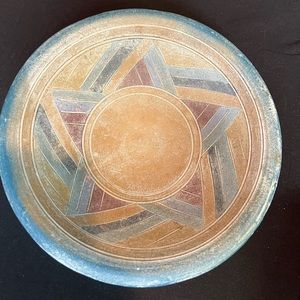 Vintage Aztec Design Terra Cotta Bowl with Round Bottom Turquoise Red Clay